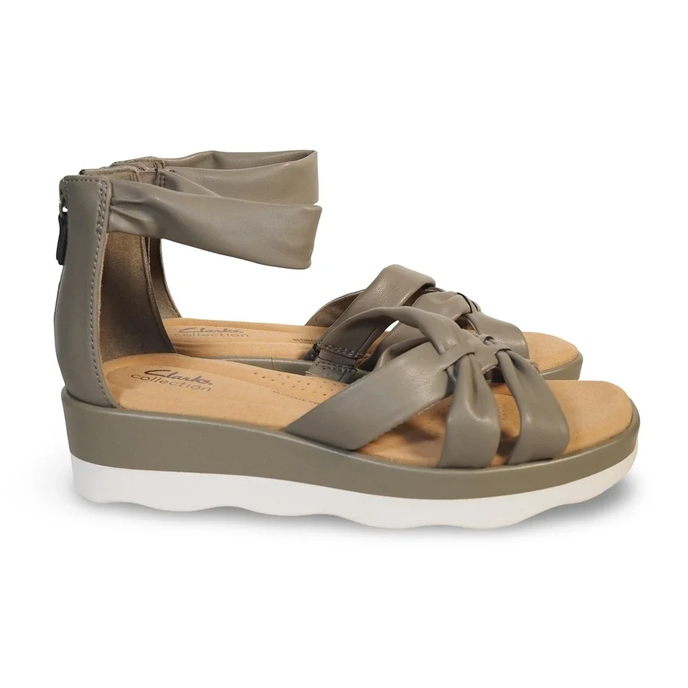 Clarks Clara Rae Wedge Sandals Womens 8.5M Olive Green Ankle Strap 61415466